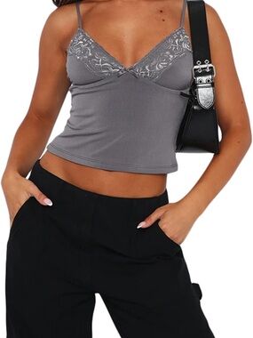 Grey Lace Trim Cami Tank Top
